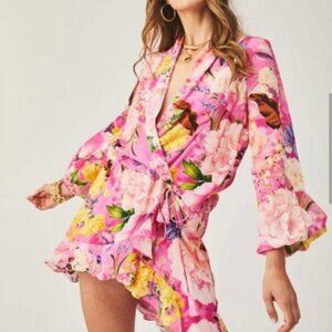 NWT Rococo Sand Pink Floral Silky Wrap Long Sleeve Mini Dress Leona